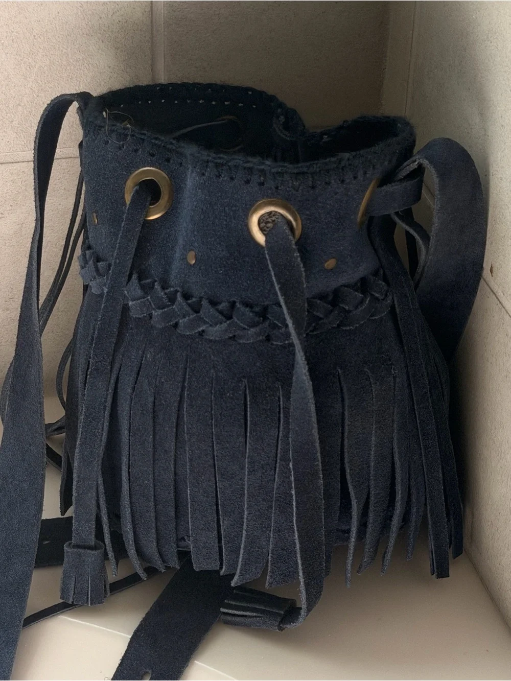 Fringed Suede Bucket Crossbody Bag - Black